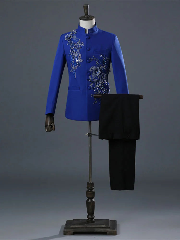 Tunic Men Mandarin Collar White Black Appliqued Blazer for Wedding Banquet Ceremony
