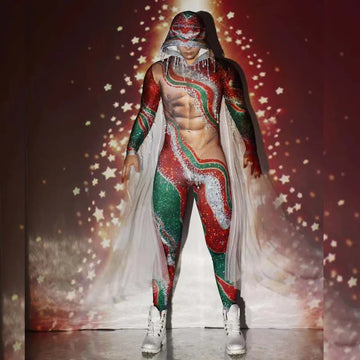 Christmas Party Red Green Tassel Rhinestone Jumpsuit Men Stretch Hooded Stage Bodysuit Nightclub DJ Dancer Performance Costumes