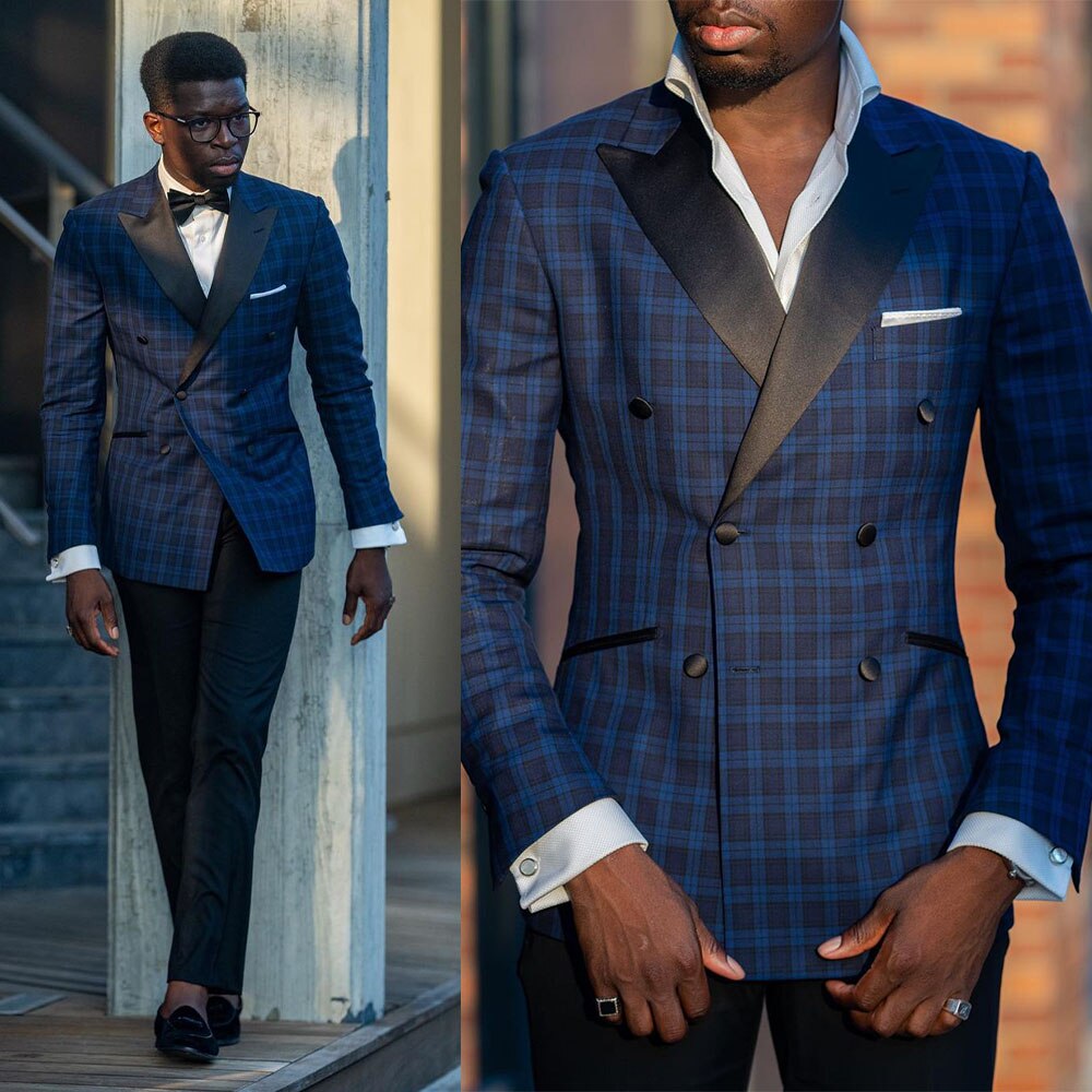 Traje clásico de cuadros negros para hombre, traje de boda de dos piezas con cuello cerrado, esmoquin para hombre, traje formal de alta calidad para ocasiones especiales. 