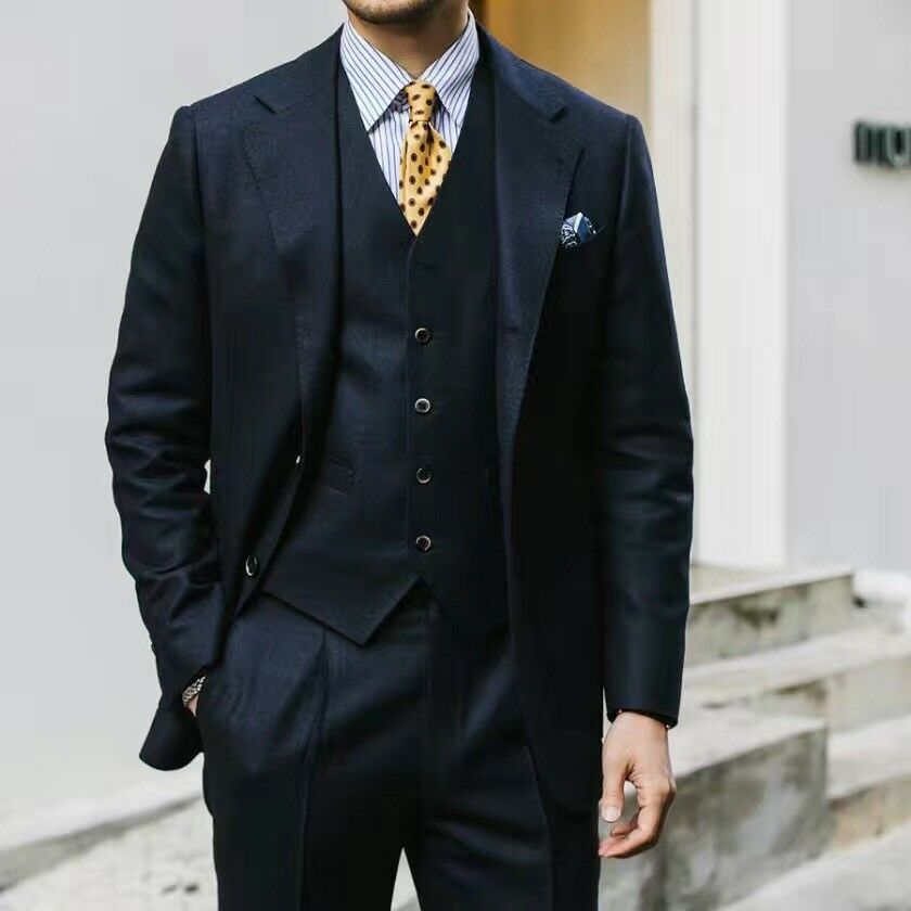 Costume de mariage italien classique noir pour homme, veste, gilet et pantalon, deux boutons, revers pointus, grande taille