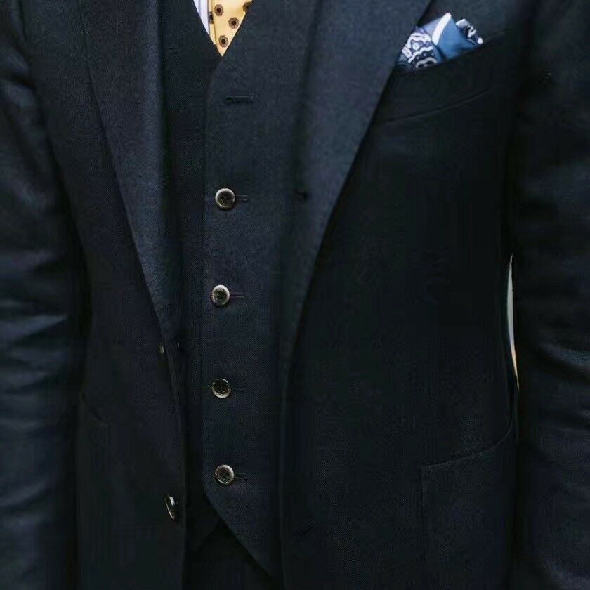 Costume de mariage italien classique noir pour homme, veste, gilet et pantalon, deux boutons, revers pointus, grande taille