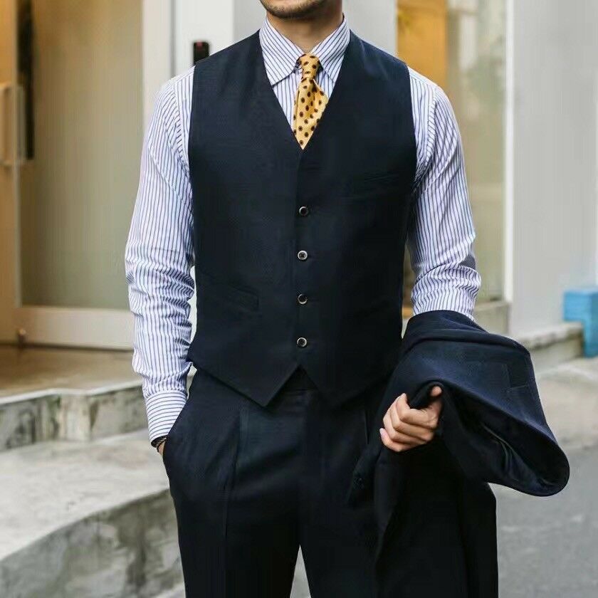 Costume de mariage italien classique noir pour homme, veste, gilet et pantalon, deux boutons, revers pointus, grande taille