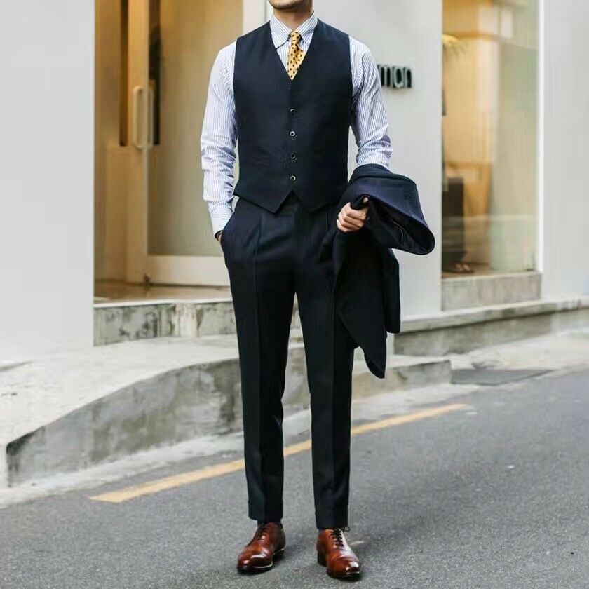 Costume de mariage italien classique noir pour homme, veste, gilet et pantalon, deux boutons, revers pointus, grande taille