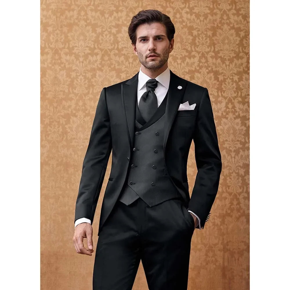 Traje clásico de 3 piezas con solapa de pico negro para hombre, traje formal para fiesta de graduación, boda, novio, esmoquin, traje informal completo para hombre