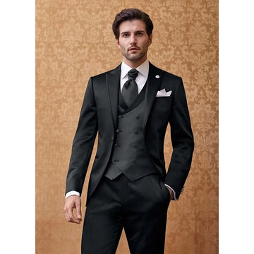 Classic Black Peak Lapel Men Suits 3 Piece Formal Prom Party Wedding Groom Tuxedo Casual Full Men's Suit