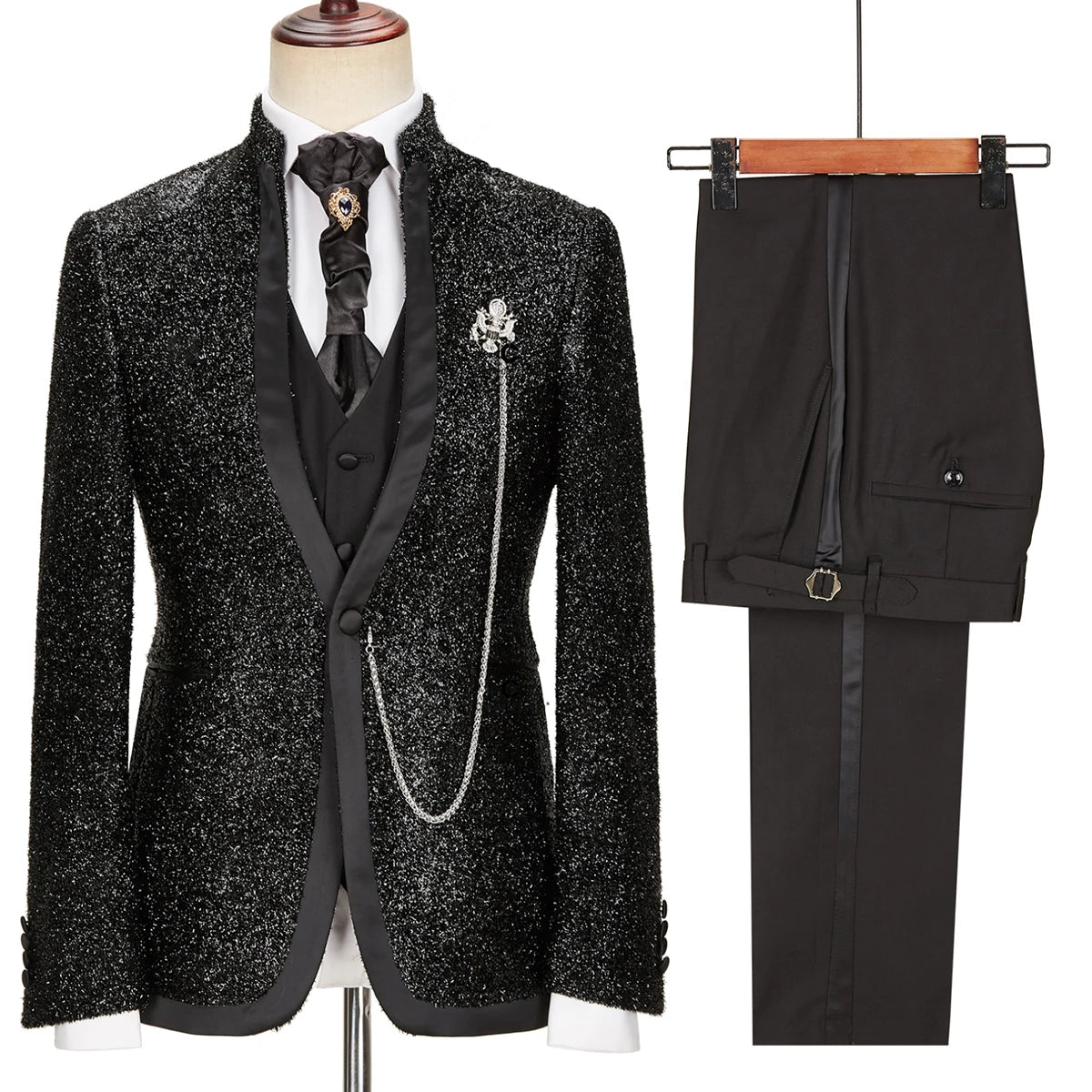 Trajes de boda clásicos negros brillantes para hombre, corte entallado, cuello alto, para novio, 3 piezas, para ocasiones formales, fiestas.