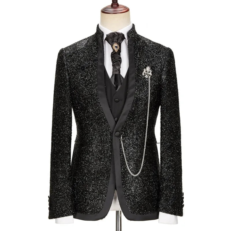 Trajes de boda clásicos negros brillantes para hombre, corte entallado, cuello alto, para novio, 3 piezas, para ocasiones formales, fiestas.