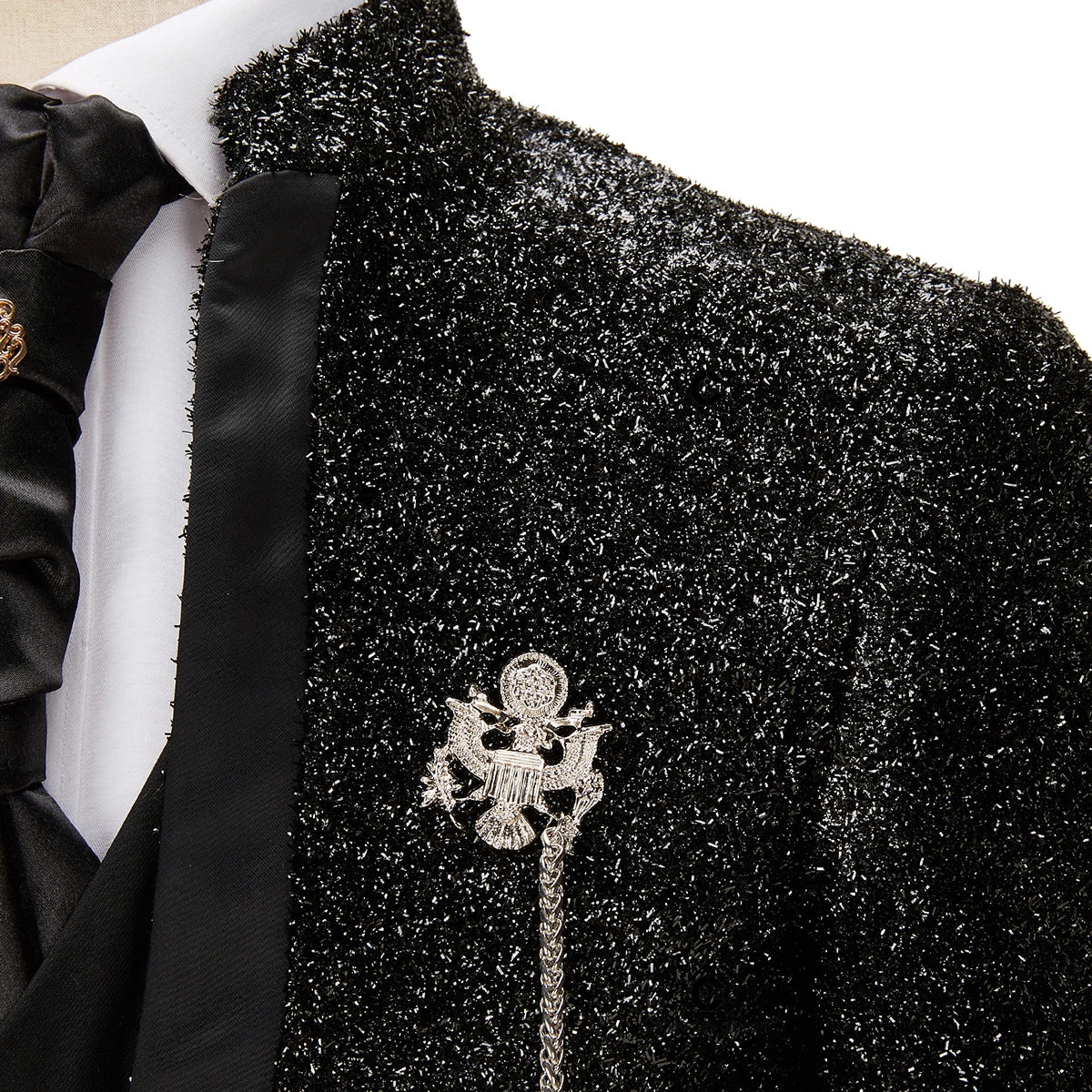 Trajes de boda clásicos negros brillantes para hombre, corte entallado, cuello alto, para novio, 3 piezas, para ocasiones formales, fiestas.