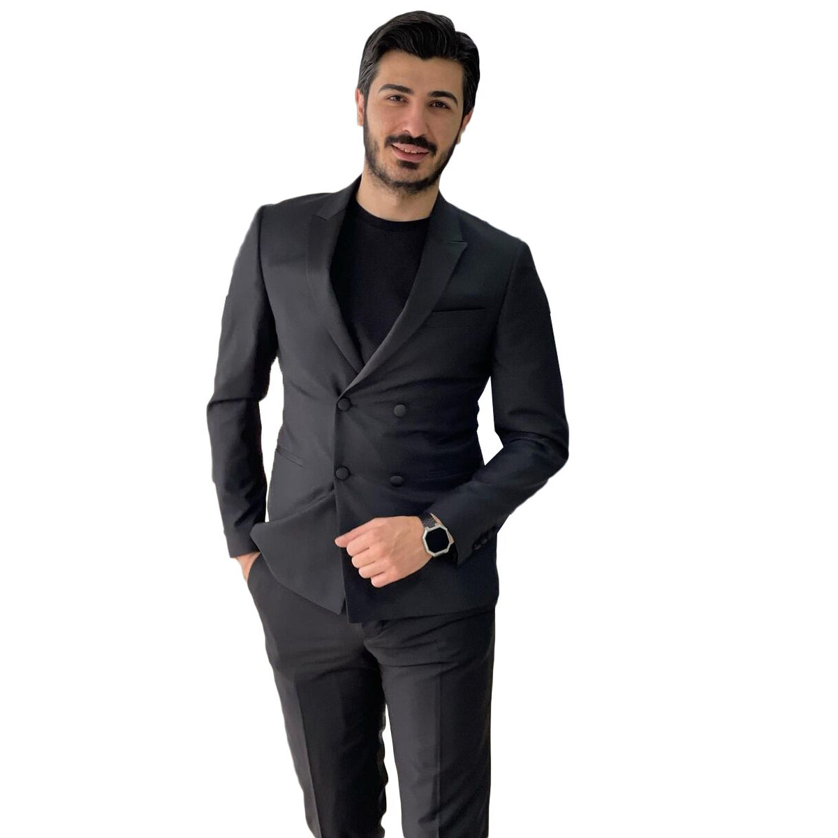 Costume classique noir fin pour homme, croisé, sur mesure, deux pièces, veste et pantalon, pour marié, pour occasion formelle 