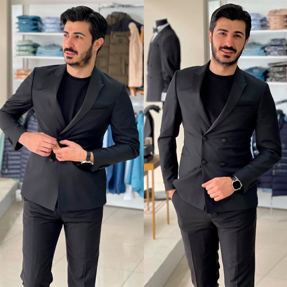 Costume classique noir fin pour homme, croisé, sur mesure, deux pièces, veste et pantalon, pour marié, pour occasion formelle 