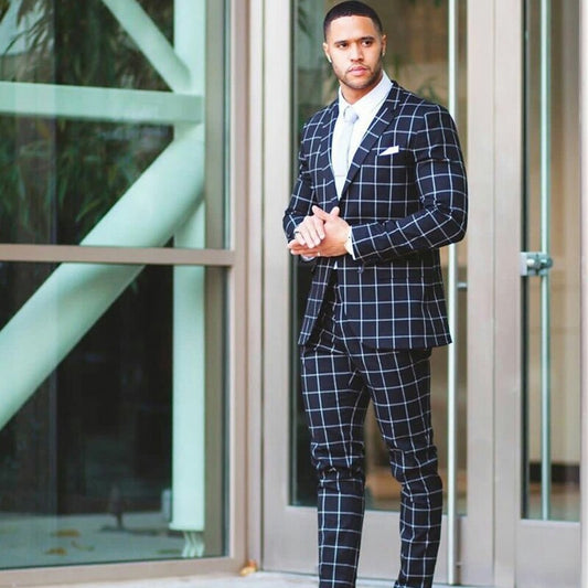 Classic Black White Plaid men 2 Pieces Suits Plus Size Groom Men Business Pants Suit Tailored Fit Prom Party Wedding Tuxedos