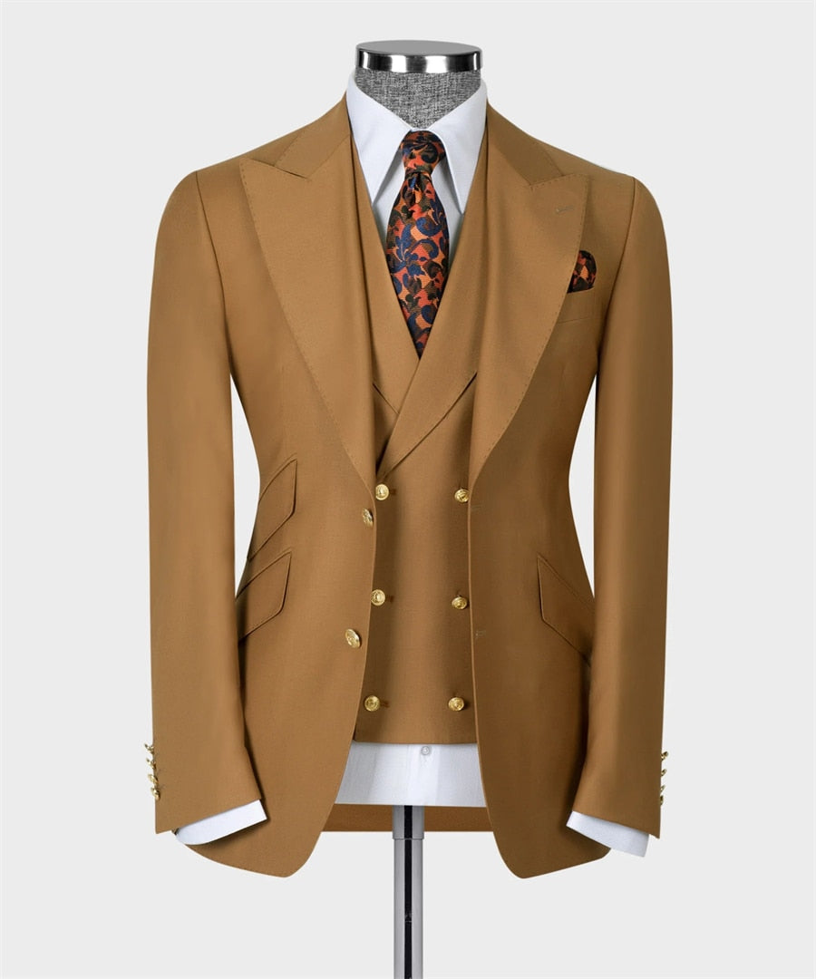 Costume classique marron pour homme, 3 pièces, blazer, gilet, pantalon, smoking, marié, mariage, bal, soirée, tenue d'affaires formelle 