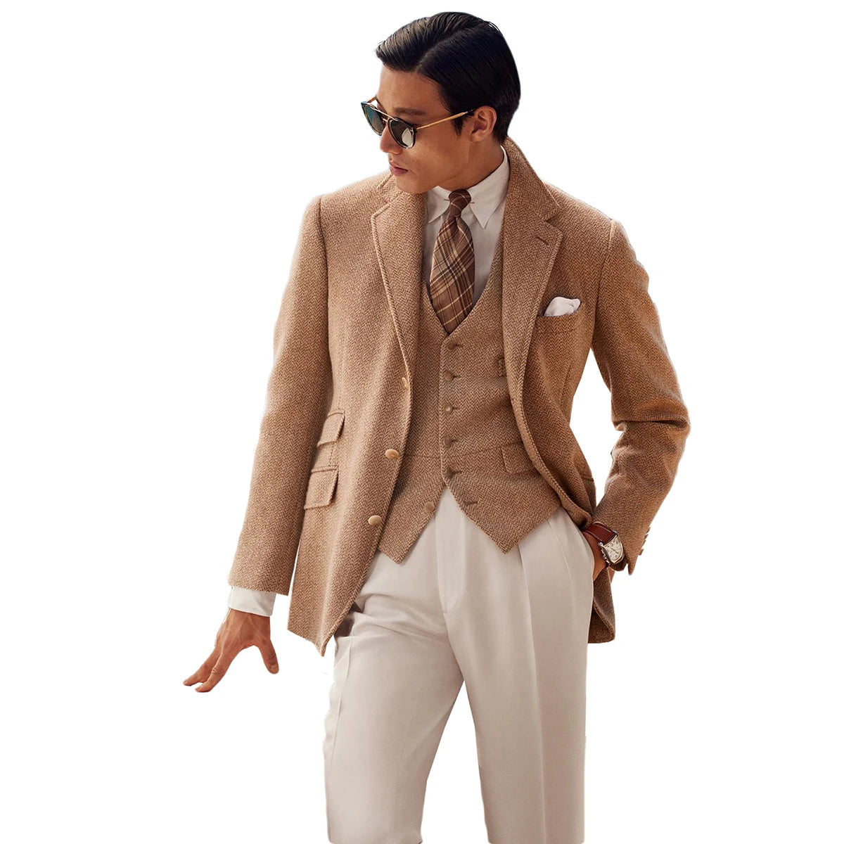 Brown Herringbone Three-Piece Men's Suit, Notched Lapel Jacket, Vest and Pants for Weddings, Custom Fit