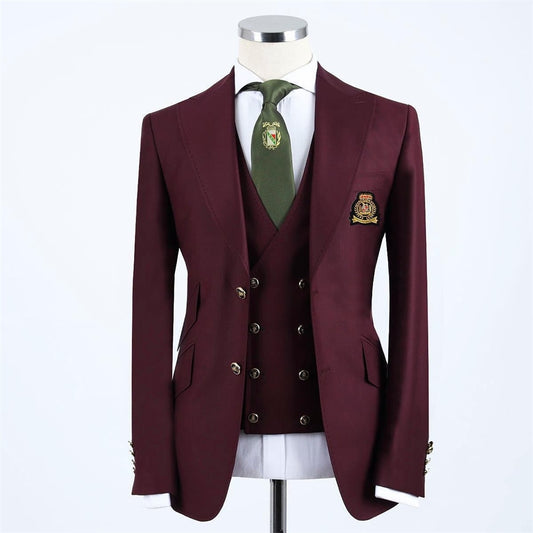 Classic Burgundy Full Men's Suit for Wedding Party 3pcs Blazer Vest Pants Business Wear Formal Tuxedo Costume Homme