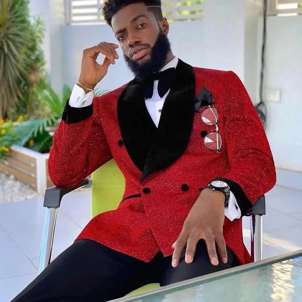 Stylish Burgundy Jacquard Blazer and Pants Set for Men - Elegant Groomsman Outfit for Weddings and Formal Events