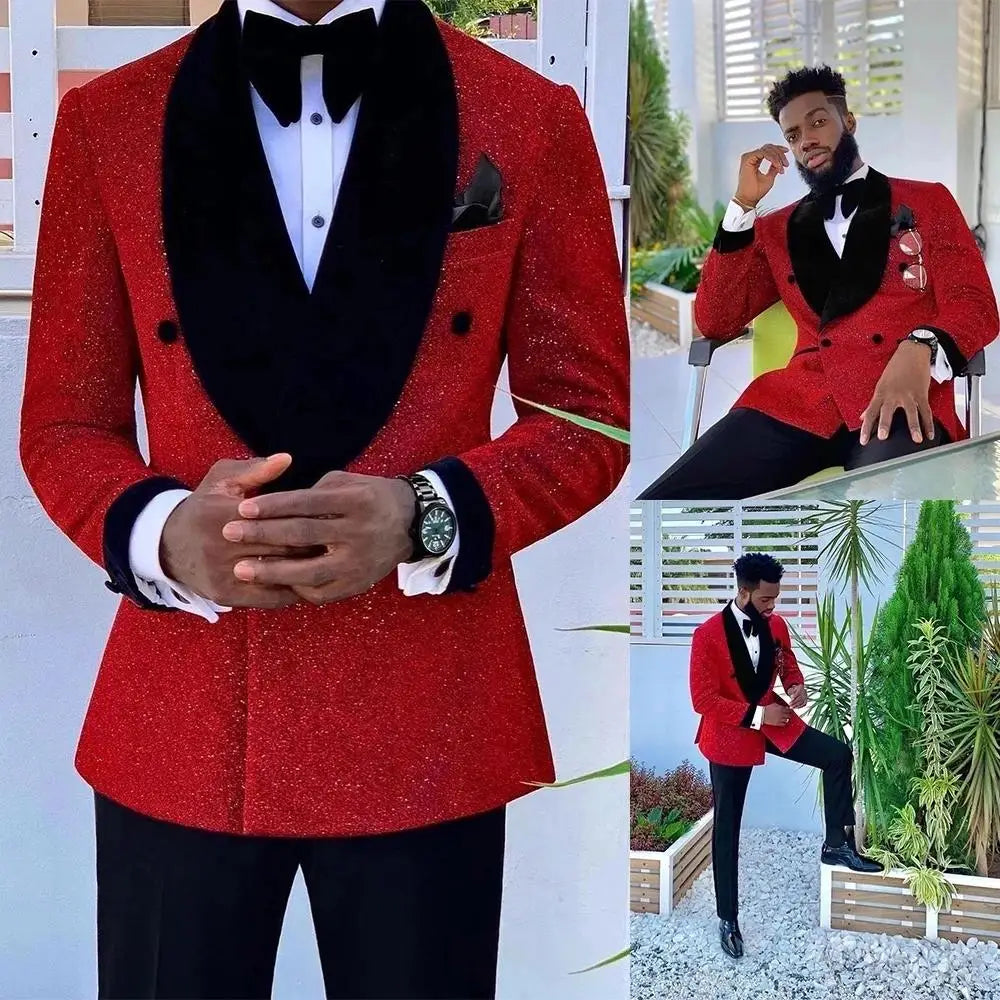 Stylish Burgundy Jacquard Blazer and Pants Set for Men - Elegant Groomsman Outfit for Weddings and Formal Events