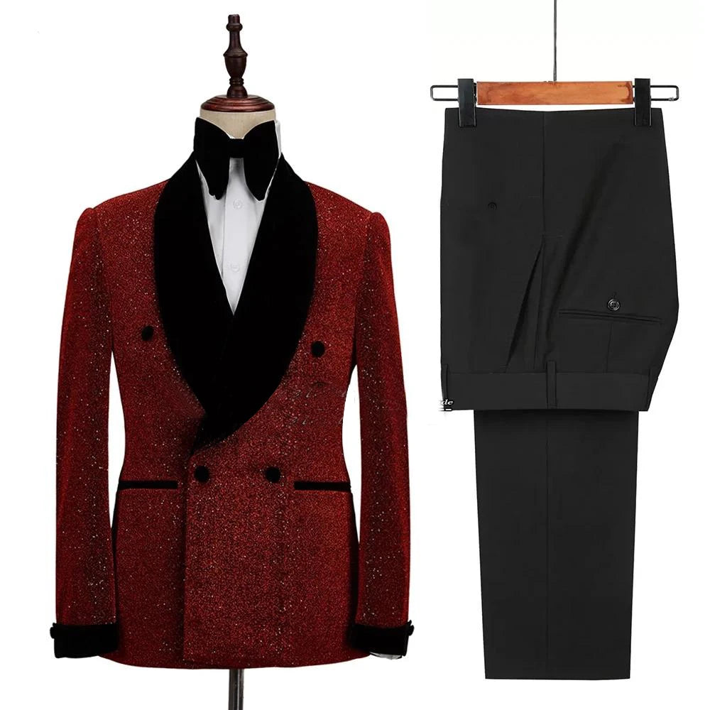 Stylish Burgundy Jacquard Blazer and Pants Set for Men - Elegant Groomsman Outfit for Weddings and Formal Events