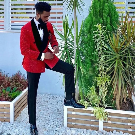 Ensemble élégant blazer et pantalon en jacquard bordeaux pour homme - Tenue de garçon d'honneur élégante pour mariages et événements formels