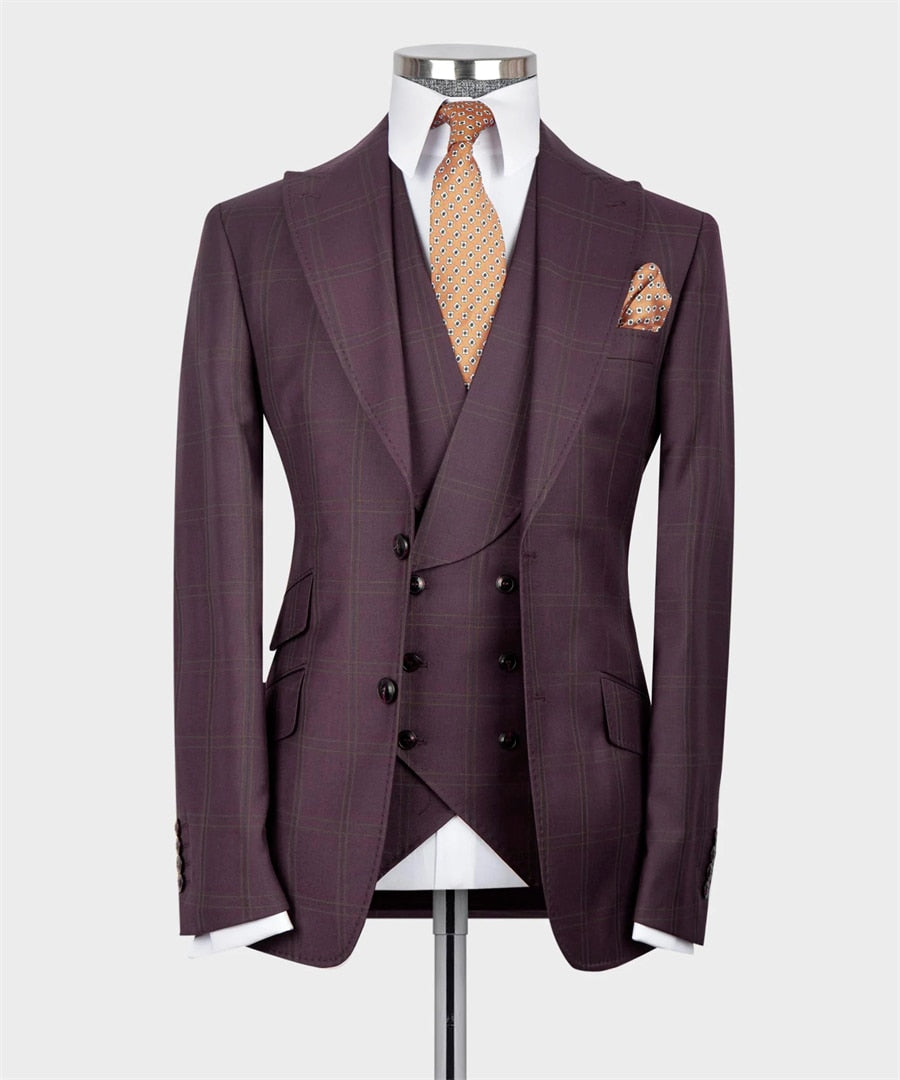 Costume de mariage classique à carreaux bordeaux pour homme, coupe cintrée, 3 pièces, blazer, gilet, pantalon, tenue d'affaires, de bal, de soirée 