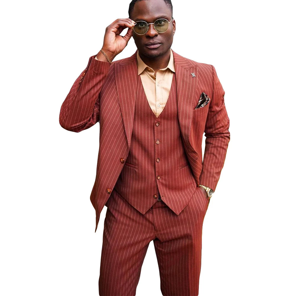 Costume classique pour homme, 3 pièces, smoking rayé, revers pointus, coupe slim, blazer de soirée (veste, gilet et pantalon)