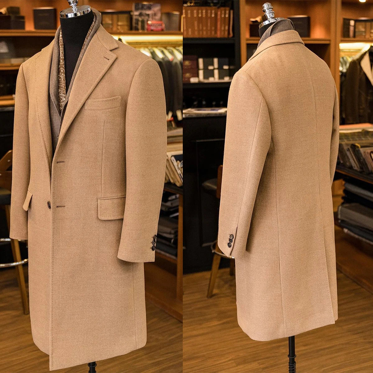 Abrigo clásico de lana estilo inglés champán para hombre, grueso, personalizado, de un solo pecho, largo, informal, cálido, para invierno.