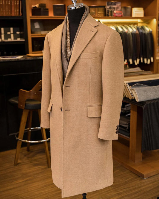 Classic Champagne England Style Woolen Overcoat Men Thick Custom Made Single Breasted Long Length Coat Casual Winter Warm Jacket