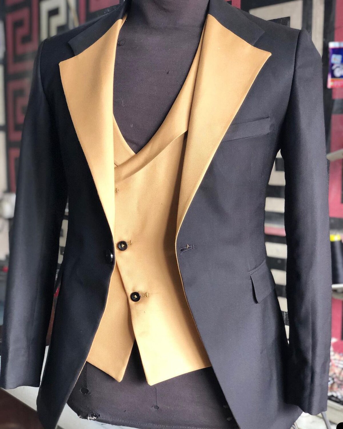Classic Color Contrast Wedding Men Suits Two-Pieces Coat Vest Closure Collar Custom Made Groom Costume Party