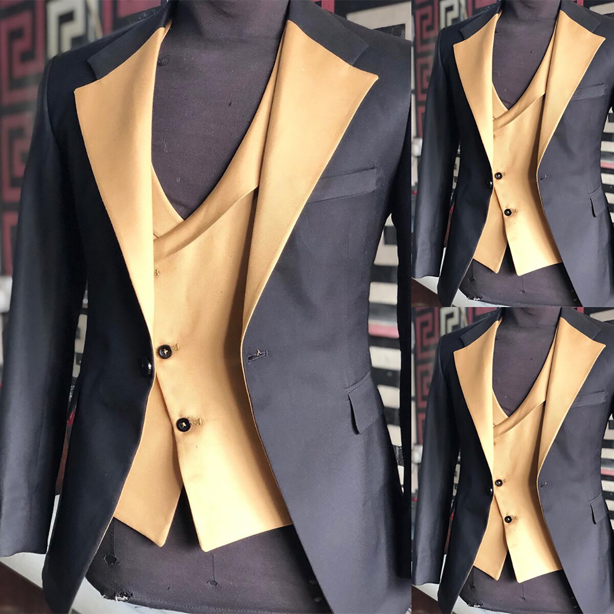 Classic Color Contrast Wedding Men Suits Two-Pieces Coat Vest Closure Collar Custom Made Groom Costume Party