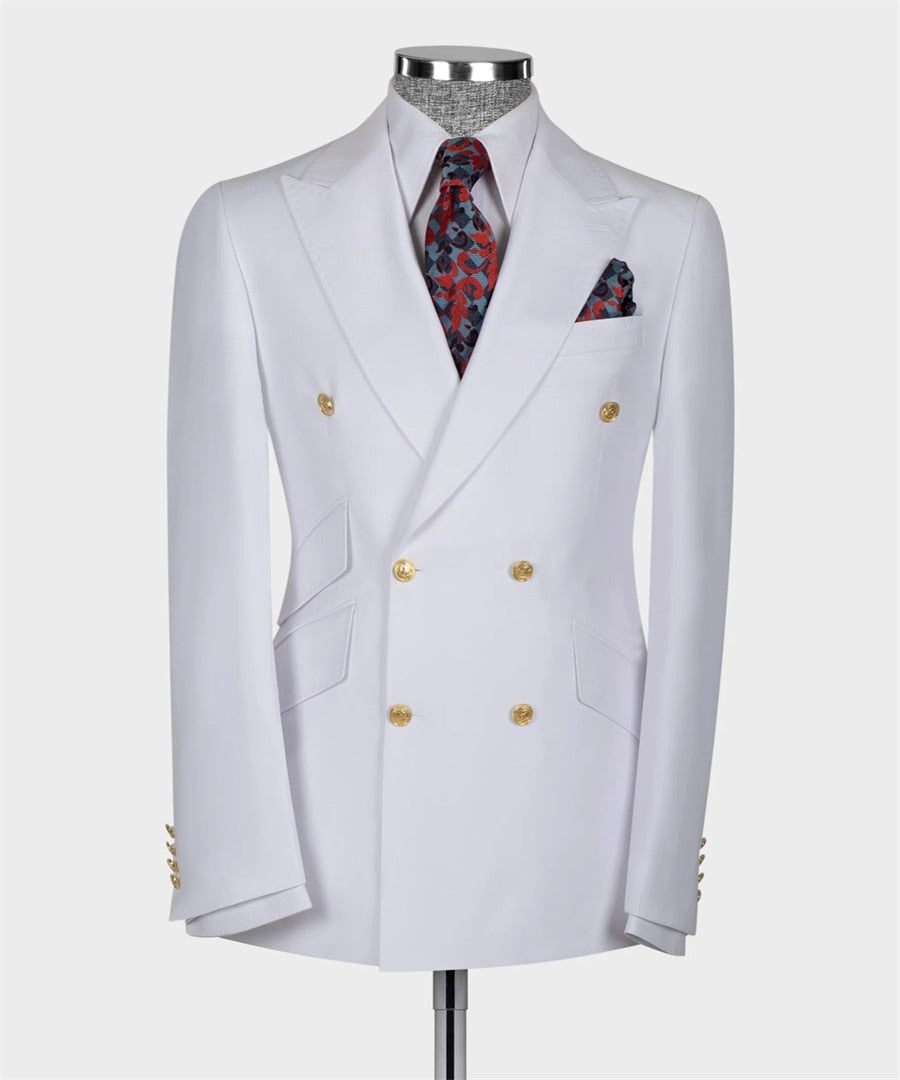 Costume de marié classique à double boutonnage, boutons dorés, blanc, pour fête de mariage, 2 pièces, blazer et pantalon pour homme