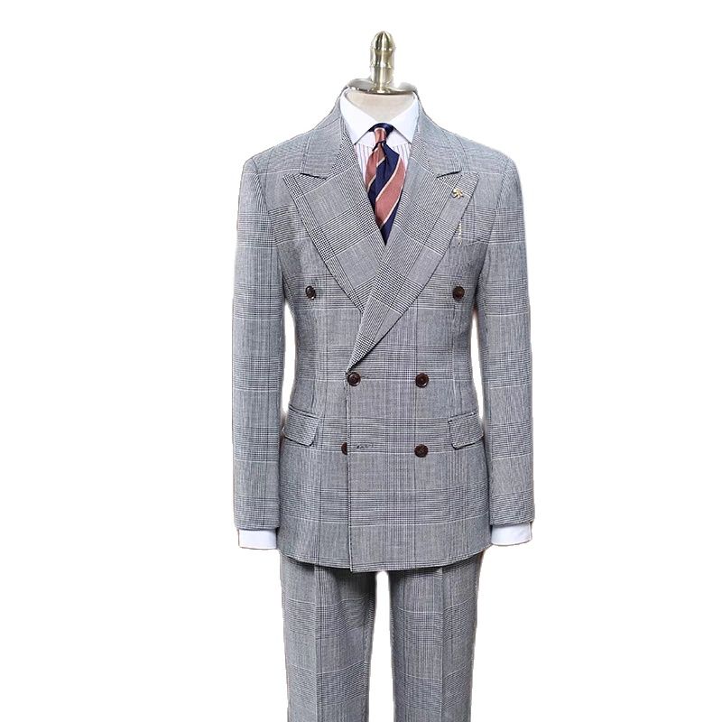 Classic Full Men's Suit Plaid 2 Pcs Vintage Double-Breasted Jacket Pants Formal Business Wear Customized Autumn Male Suit