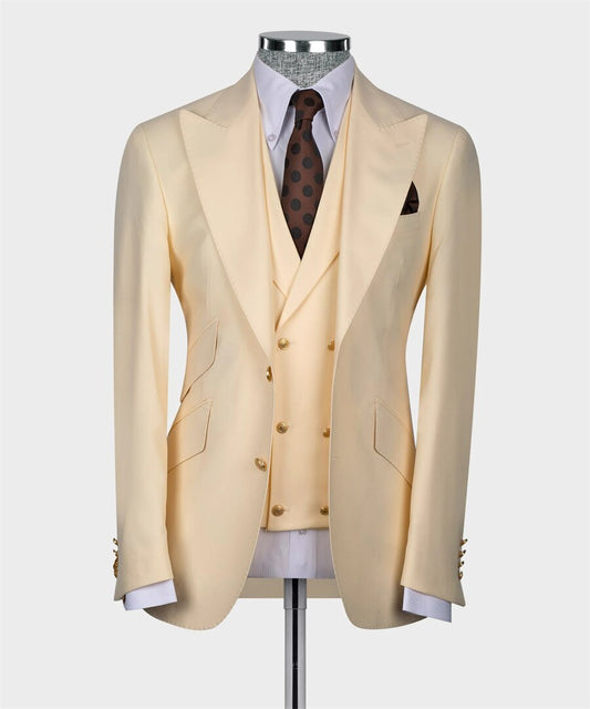 Classic Gold Button Beige Wedding Tuxedo Groom Suits for Wedding Prom Party 3pcs Blazer Vest Pants Formal Man Suit Set