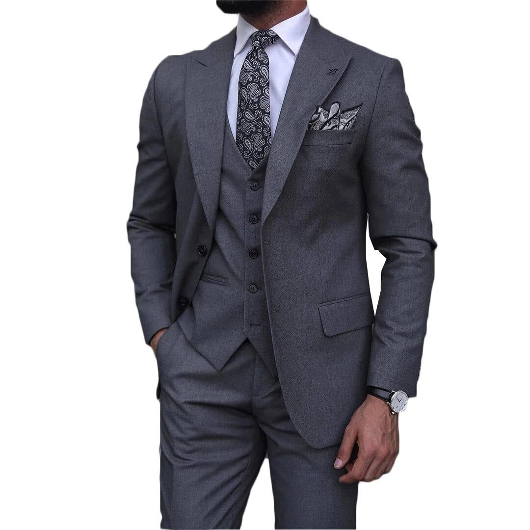 Costume classique gris pour homme, revers en pointe, deux boutons, coupe slim, pour bal, mariage, affaires, marié, smoking, blazer terno, 3 pièces 