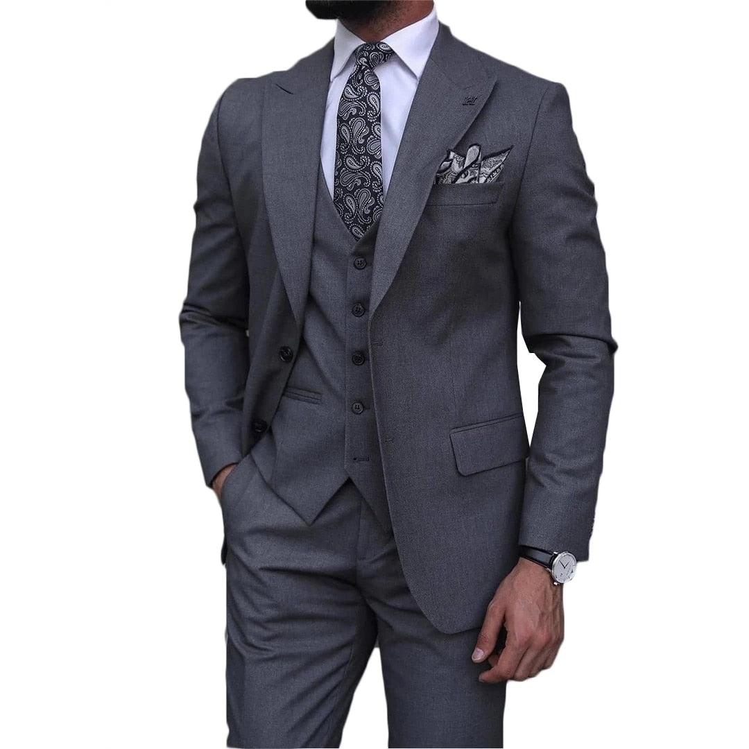 Costume classique gris pour homme, revers en pointe, deux boutons, coupe slim, pour bal, mariage, affaires, marié, smoking, blazer terno, 3 pièces 