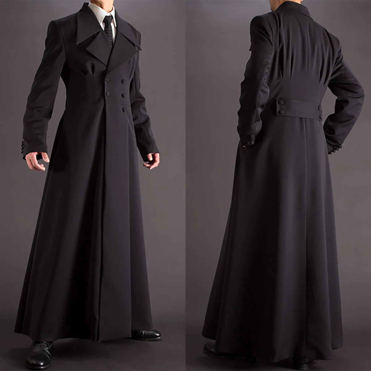 Elegant Custom Tailored Black Long Coat for Men - Premium Thick Fabric, Double Breasted Design, Perfect for Autumn and Formal Occasions