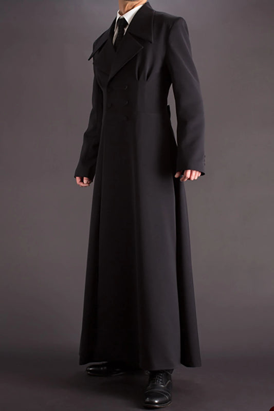 Elegant Custom Tailored Black Long Coat for Men - Premium Thick Fabric, Double Breasted Design, Perfect for Autumn and Formal Occasions