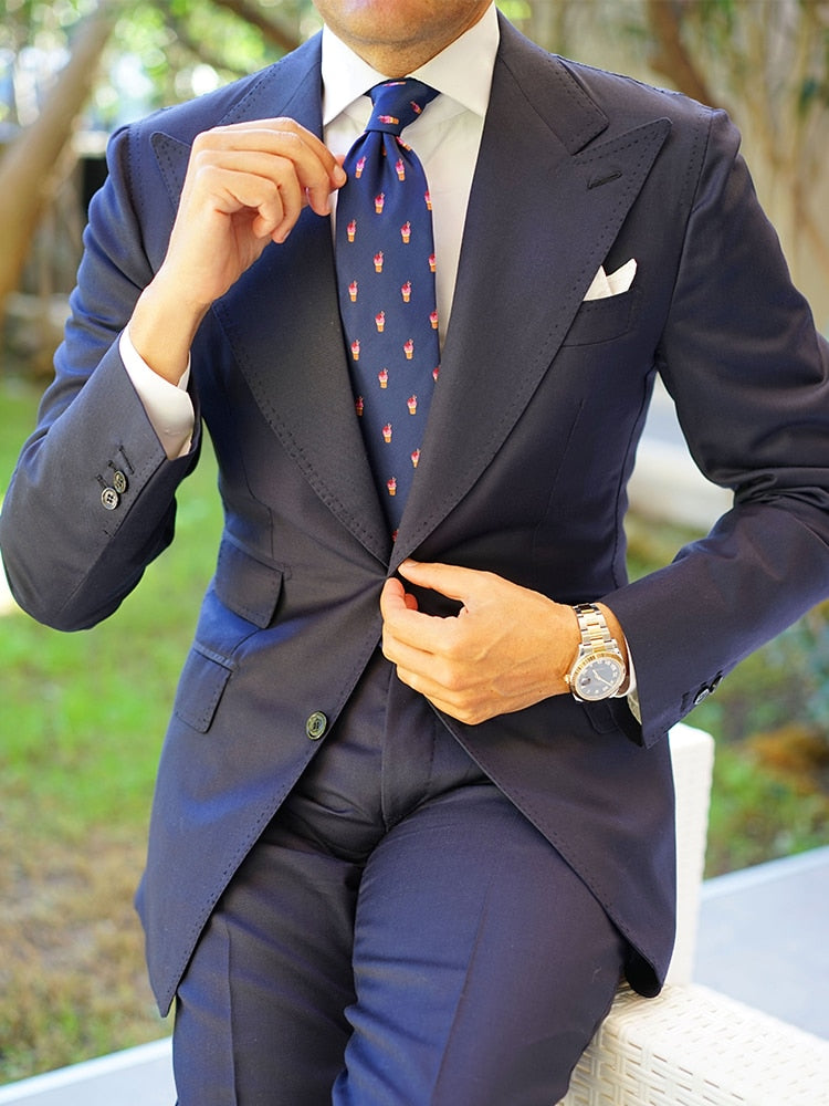 Trajes clásicos para hombre, 2 piezas, azul marino, corte entallado, esmoquin de negocios para boda formal, blazer, traje de novio, solapa de pico 
