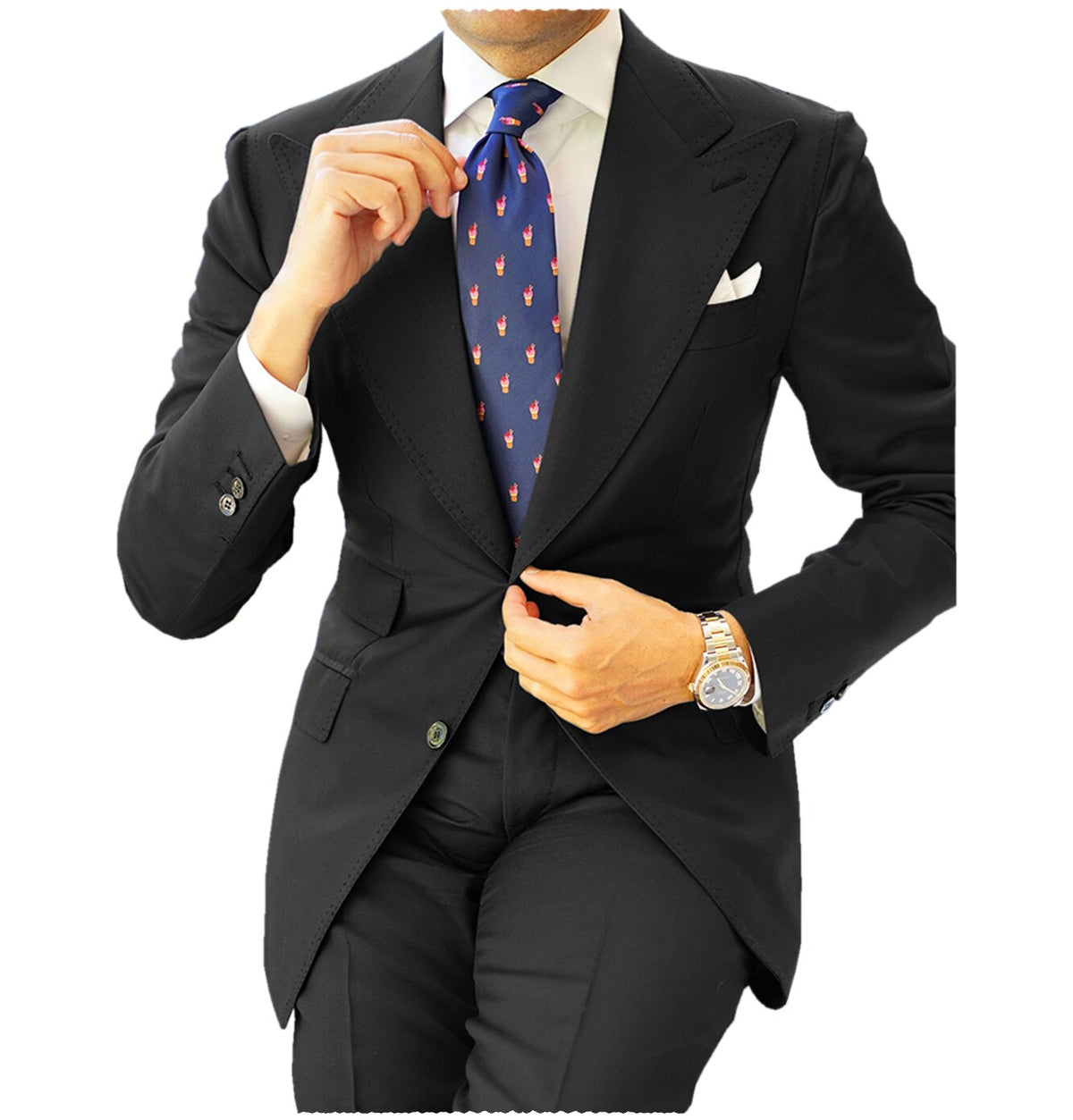 Trajes clásicos para hombre, 2 piezas, azul marino, corte entallado, esmoquin de negocios para boda formal, blazer, traje de novio, solapa de pico 