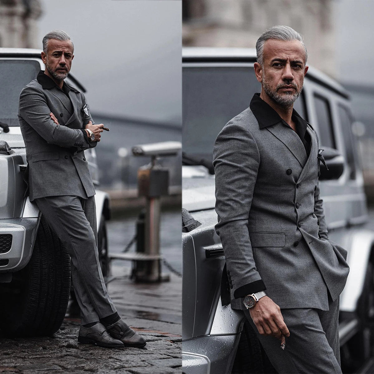 Costume de mariage classique pour homme, revers pointus, smoking gris croisé, ensemble 2 pièces veste et pantalon