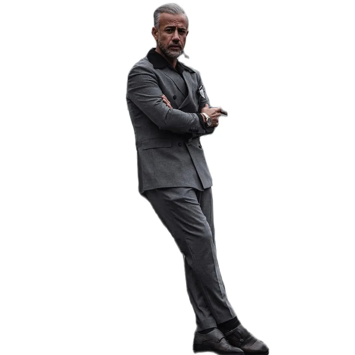 Costume de mariage classique pour homme, revers pointus, smoking gris croisé, ensemble 2 pièces veste et pantalon