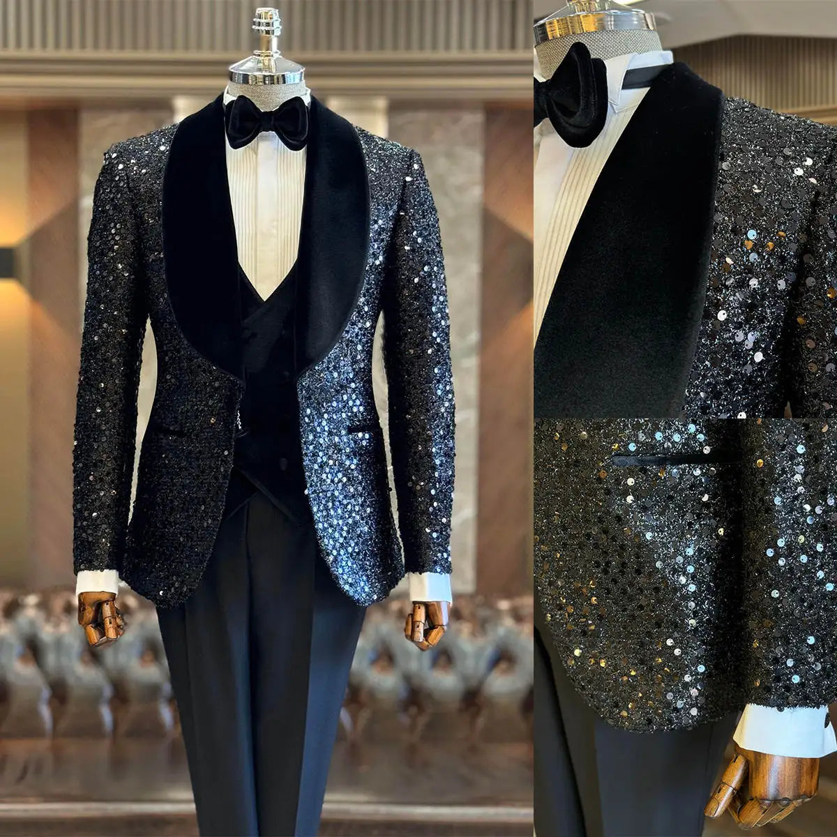 Trajes de boda clásicos para hombre, solapa chal, botonadura sencilla, esmoquin de lentejuelas, traje de noche para novio, chaqueta de 3 piezas, pantalón y chaleco, hecho a medida.