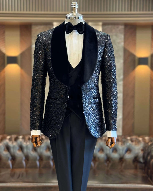 Classic Men Wedding Suits Shawl Lapel Single Breasted Sequins Tuxedos Groom Evening 3 Psc Blazer Pants Vest Custom Made