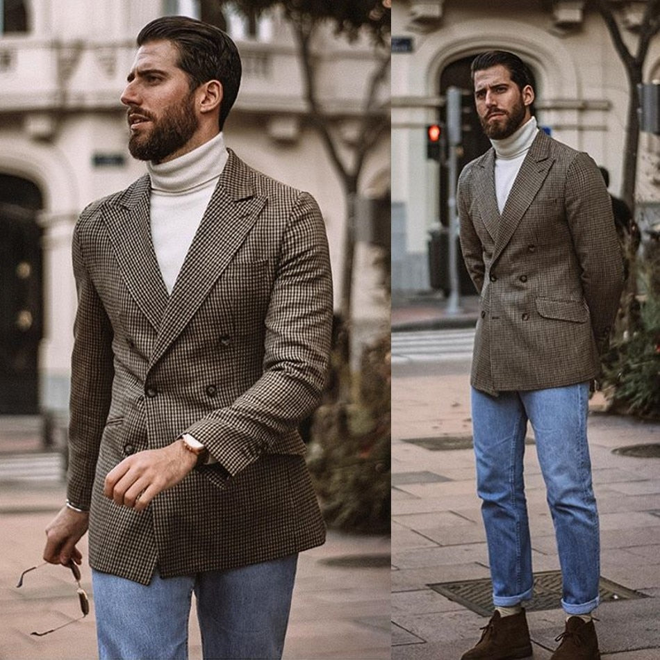 Trajes clásicos para hombre, traje de tweed de una pieza, espiga, solapa de pico, esmoquin de novio a medida, vestido de boda, graduación, abrigo, chaqueta, pantalón 