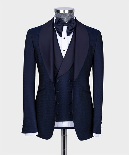 Classic Navy Blue Groom Tuxedo Customized Business Wear Men's Suits 3PCS Blazer Vest Black Pants Formal Prom Party Suit