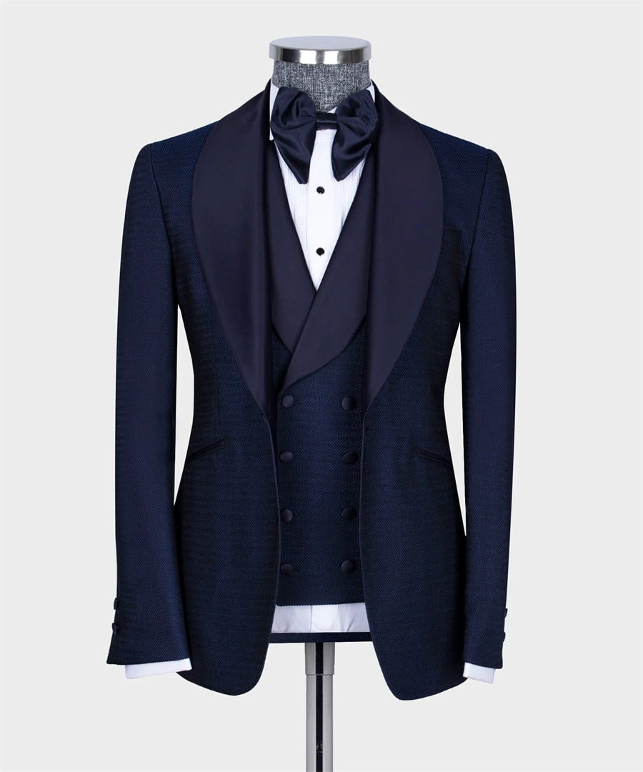 Classic Navy Blue Groom Tuxedo Customized Business Wear Men's Suits 3PCS Blazer Vest Black Pants Formal Prom Party Suit