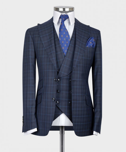 Classic Navy Blue Plaid Wedding Tuxedo Formal Groom Men Suits Slim fit 3PCS Blazer Vest Pants Business Wear Prom Party Male Suit