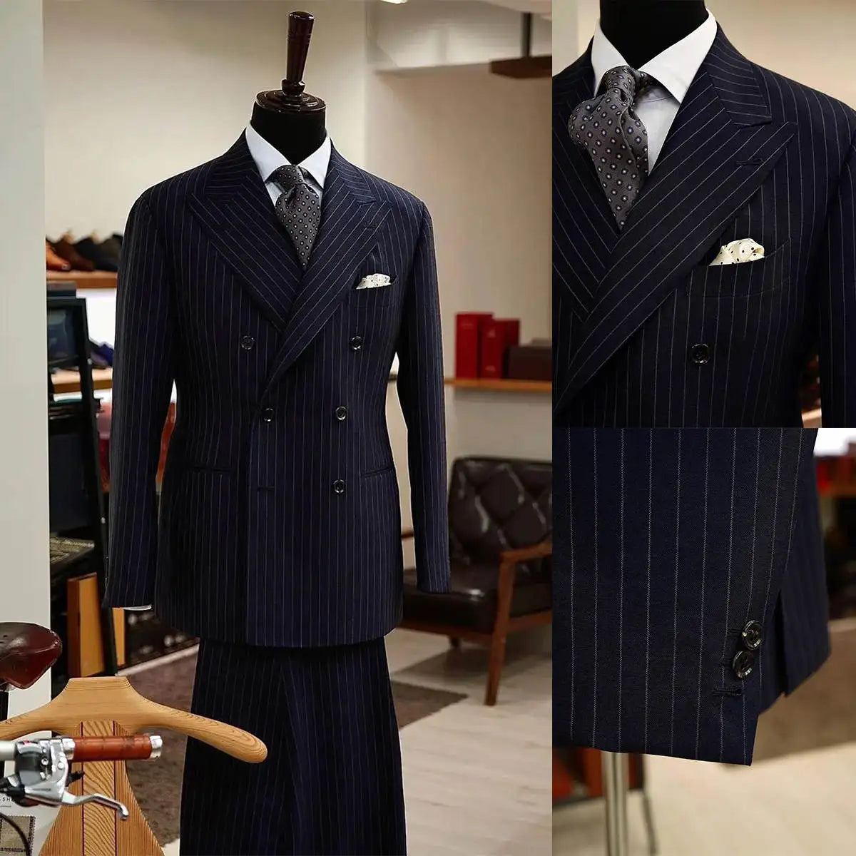 Costume de mariage classique à rayures fines pour homme, smoking croisé à revers pointus, 2 pièces, blazer et pantalon sur mesure