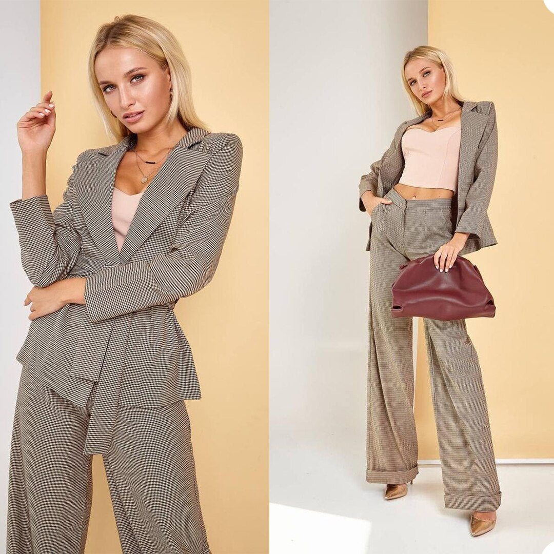 Blazer clásico a cuadros para mujer, traje de manga larga para mujer, traje de negocios, traje de fiesta informal, traje de boda con cinturón (chaqueta + pantalón) 