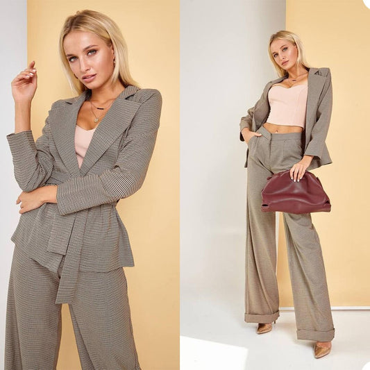 Classic Plaid Ladies Blazer Suits Long Sleeve Women Business Pants Suit Leisure Party Wedding Outfit with Belt (Jacket+Pants)