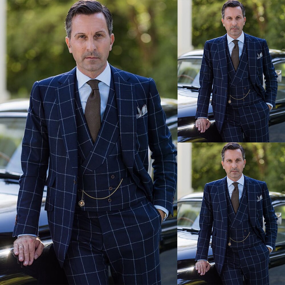 Classic Plaid men Tuxedos 3 Pieces Check Business Prom Party Blazer Coat Pants(Jacket++Vest+Pants)