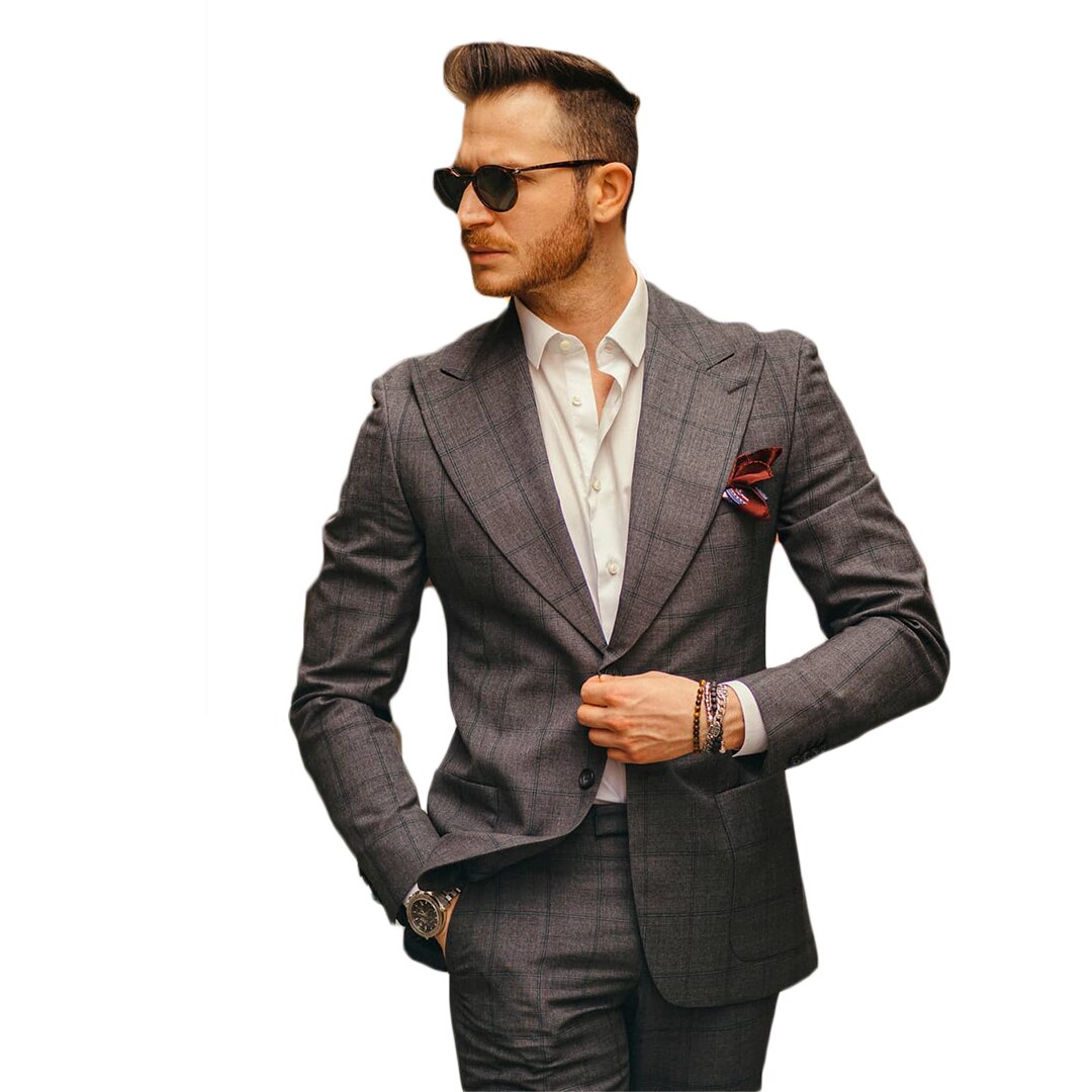 Classic Plaid Tailored Wool Men Tuxedos 2 Pieces Slim Fit Pant Suit Prom Party Wedding Suits Outfit (Jacket+Pants)